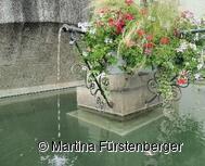 Das Bild zeigt den Beutabrunnen in Esslingen. In der Mitte des Brunnen sind Blumen zu sehen.